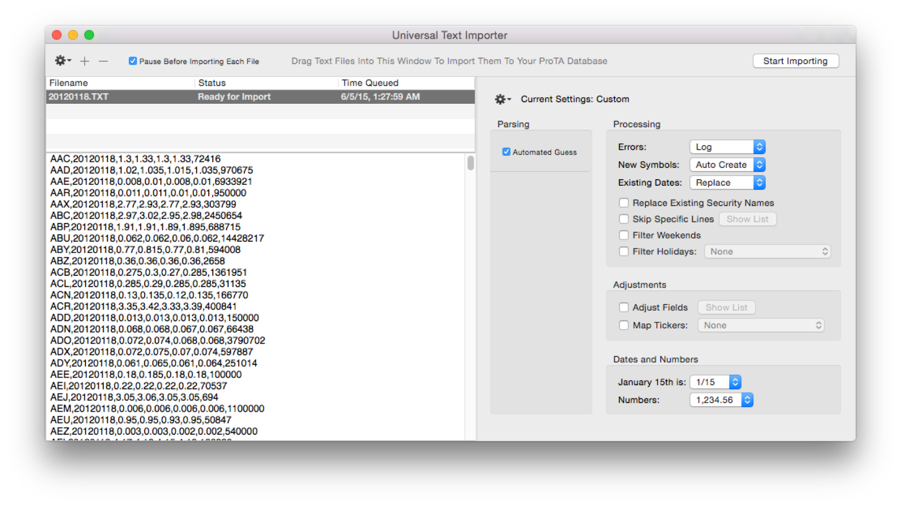ProTA Universal Text Importer window
