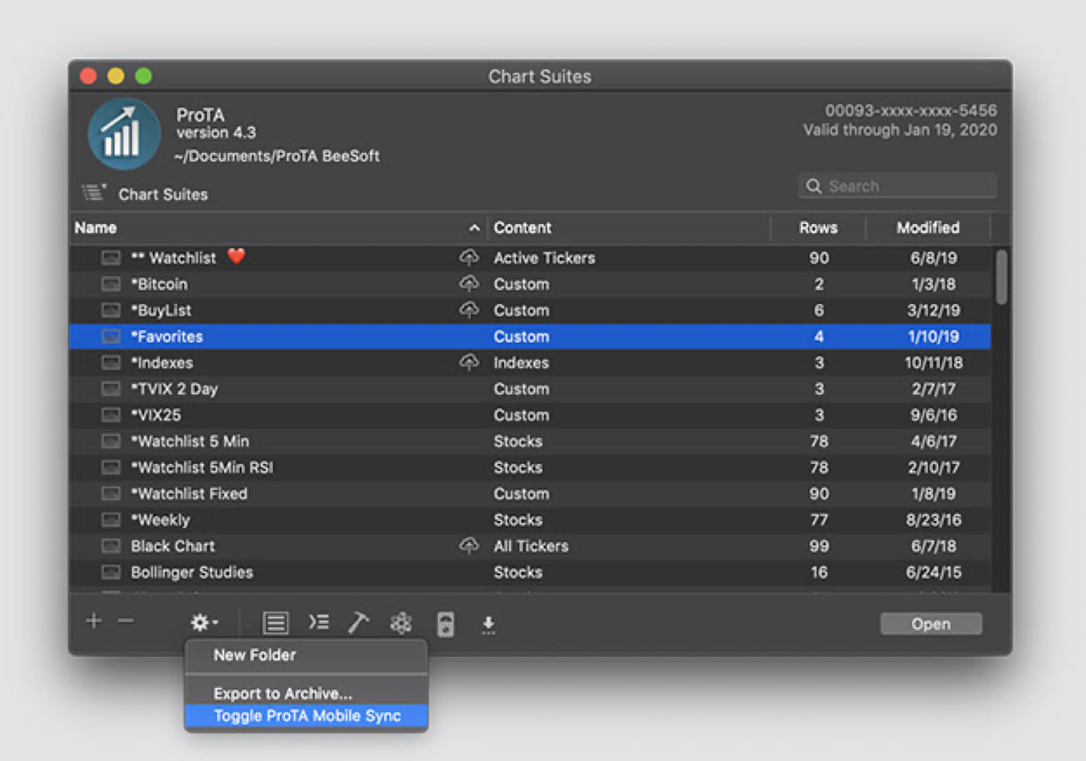 Toggling ProTA Mobile Sync status in ProTA's Chart Suites window