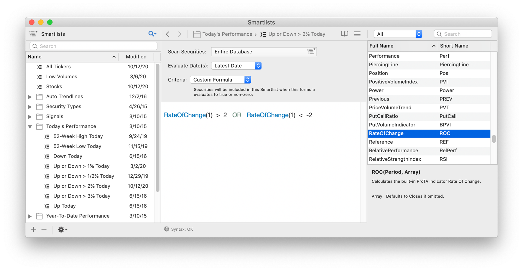ProTA Smartlists window