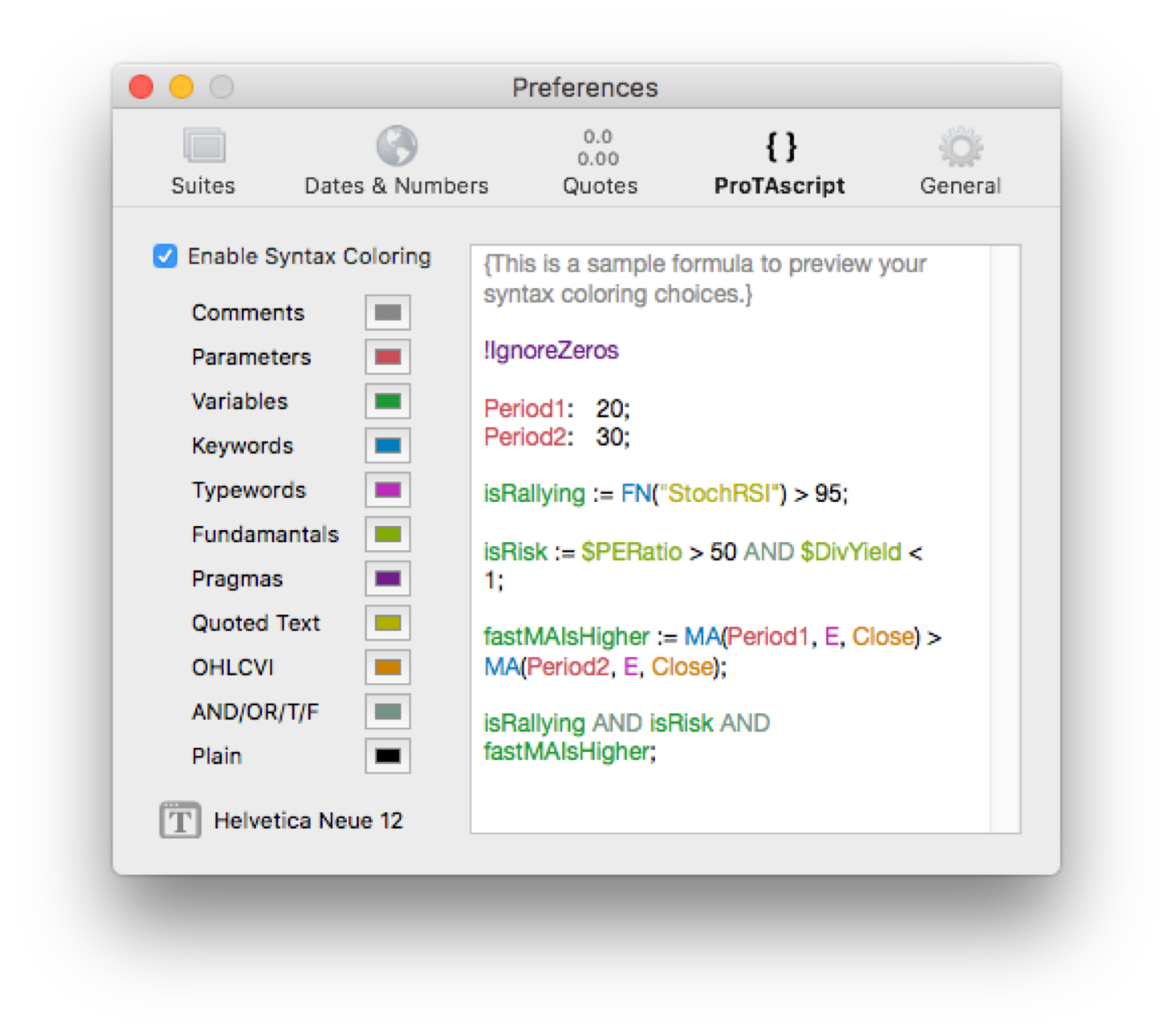 ProTAscript Syntax Coloring Preferences window