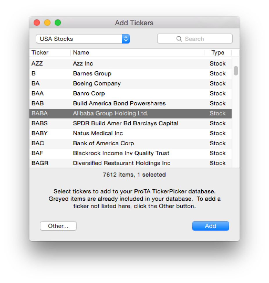 ProTA Add Tickers window