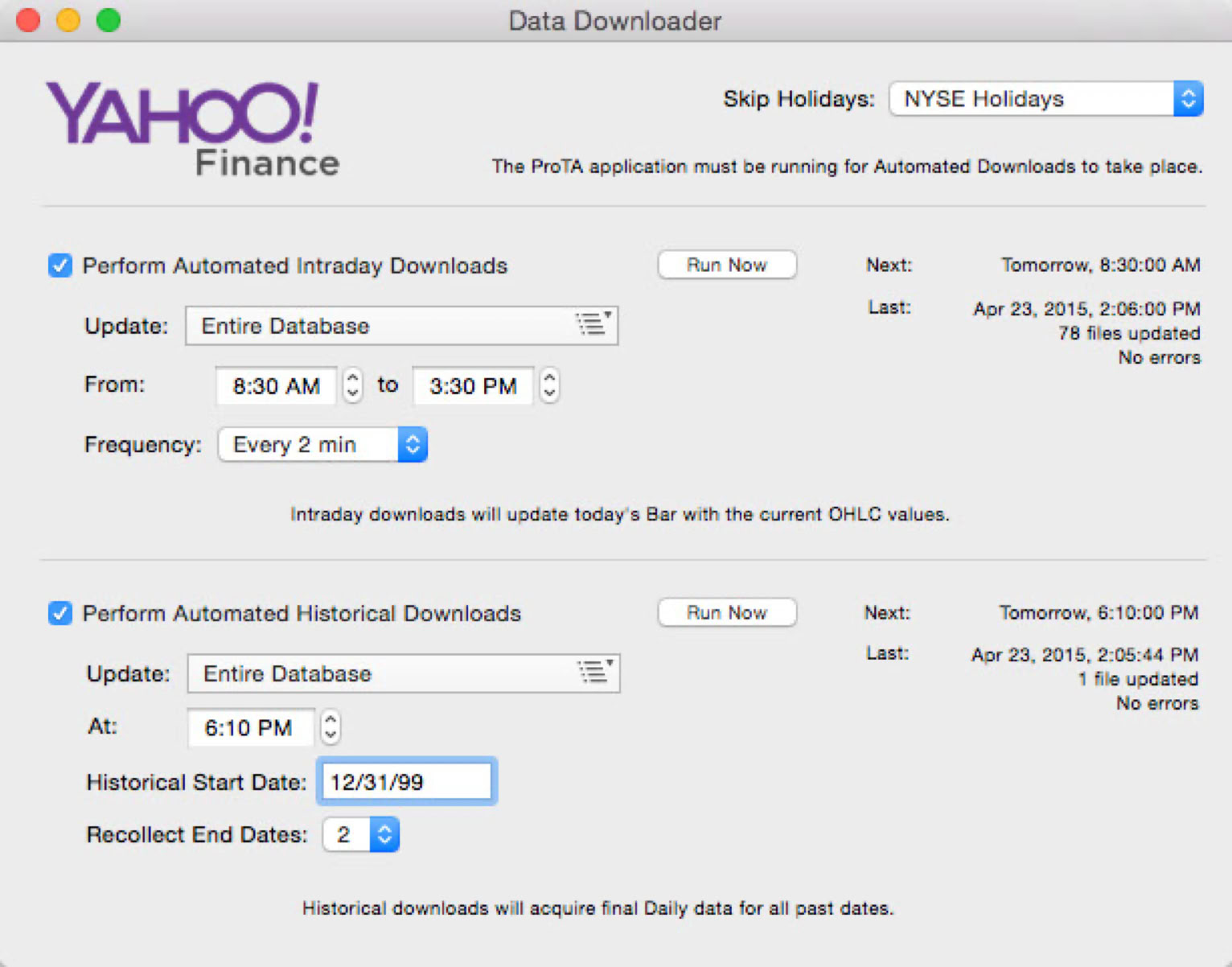 ProTA Data Downloader window