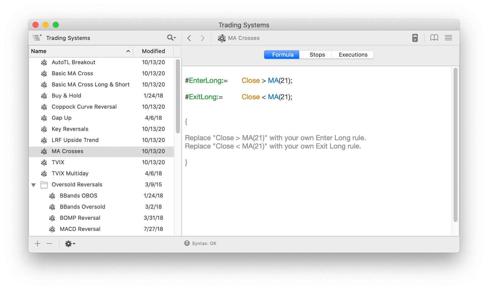 ProTA Trading Systems window
